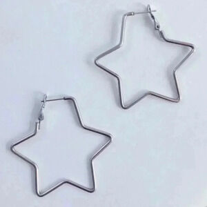 Silver Stainless Steel Large Star Shaped Hoop Earrings NWT